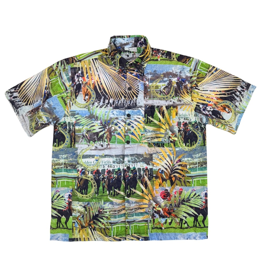 World‎ SF Golden Gate Fields Shirt Men XL Coconut Button Horse Racing AOP